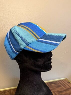 Blue Woven Cotton striped adjustable baseball Strapback cap, adult one size